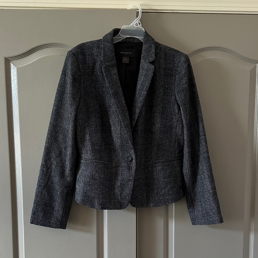 Ann Taylor Charcoal Plaid Single-Button Blazer